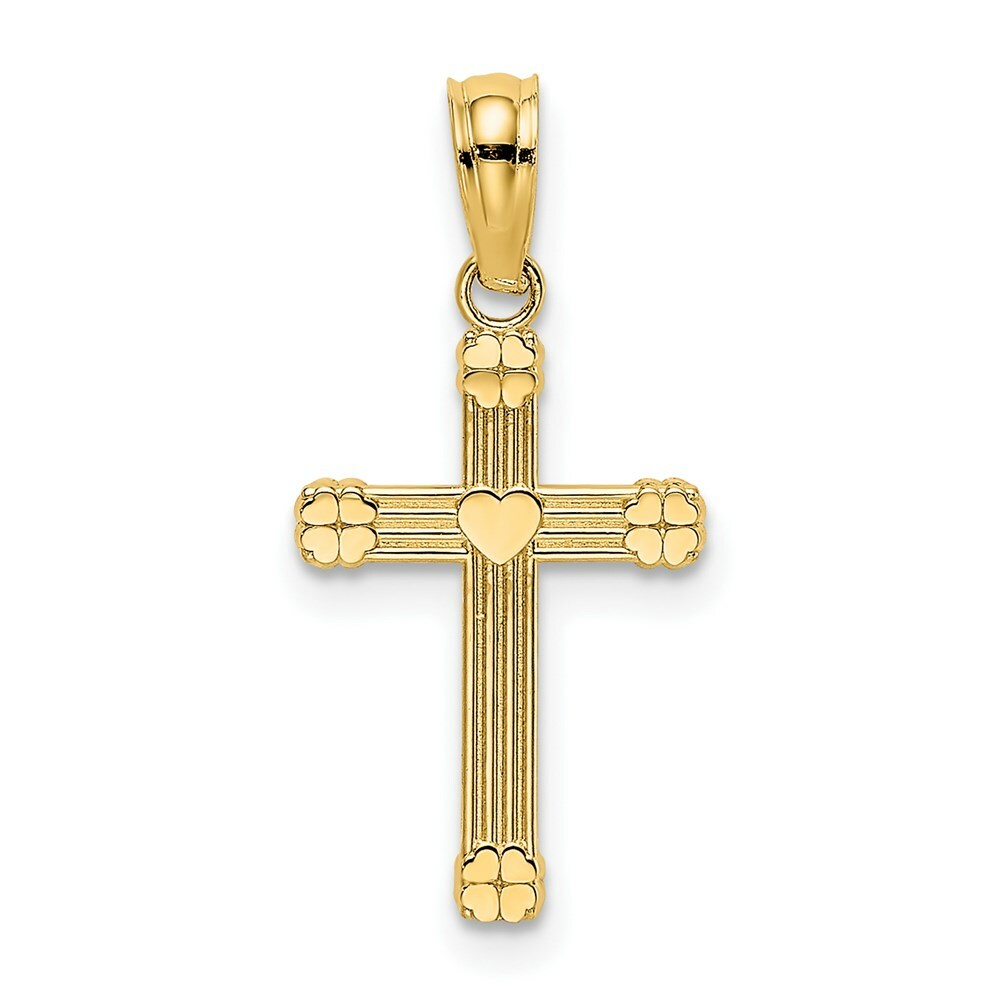 14K Yellow Gold Textured With Center Heart Small Cross Charm Pendant