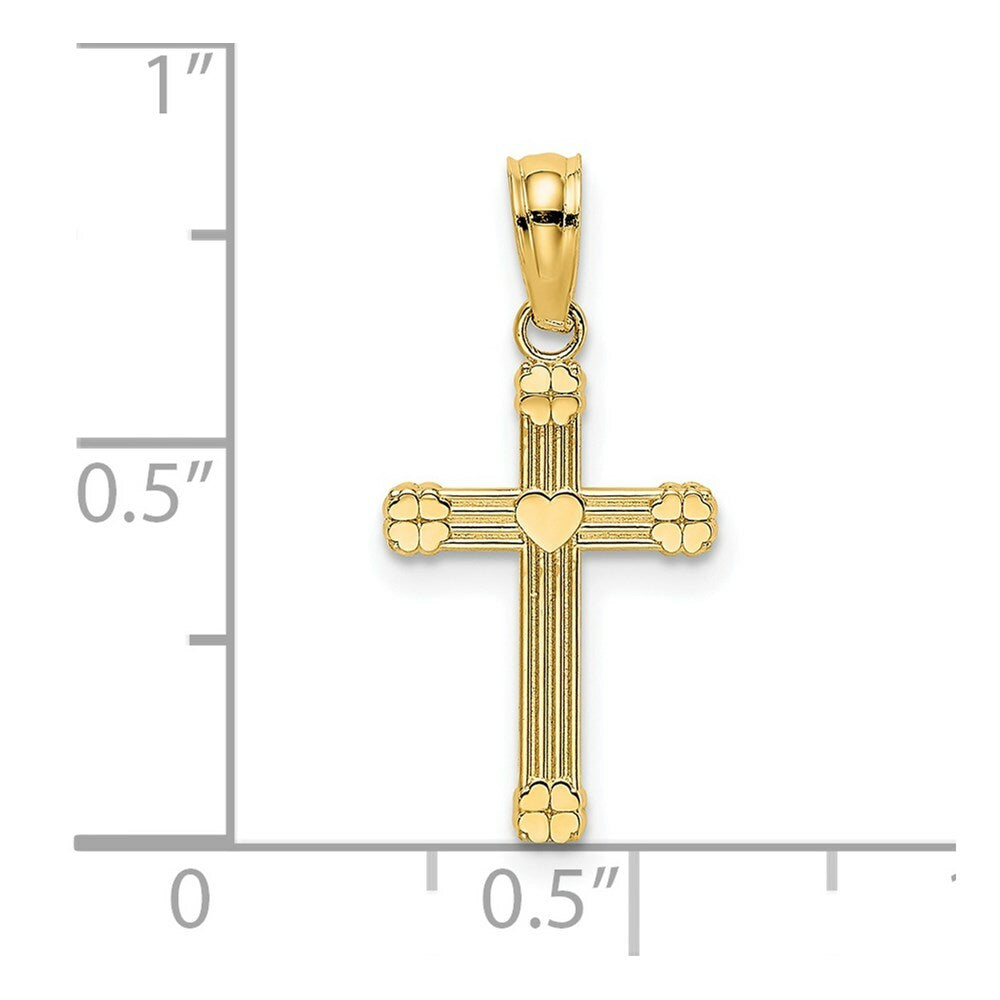 14K Yellow Gold Textured With Center Heart Small Cross Charm Pendant