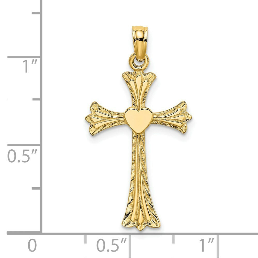 14K Yellow Gold Polished and Engraved Cross With Heart Charm Pendant