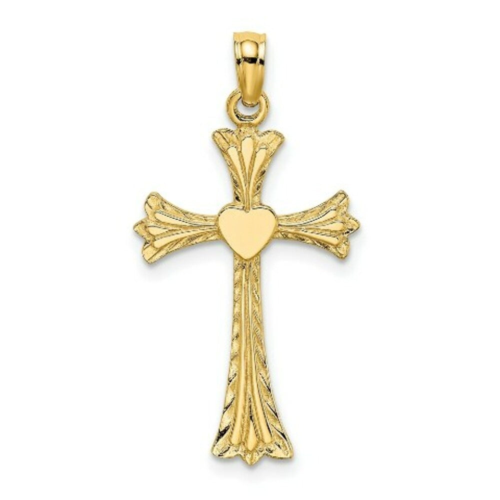 14K Yellow Gold Polished and Engraved Cross With Heart Charm Pendant