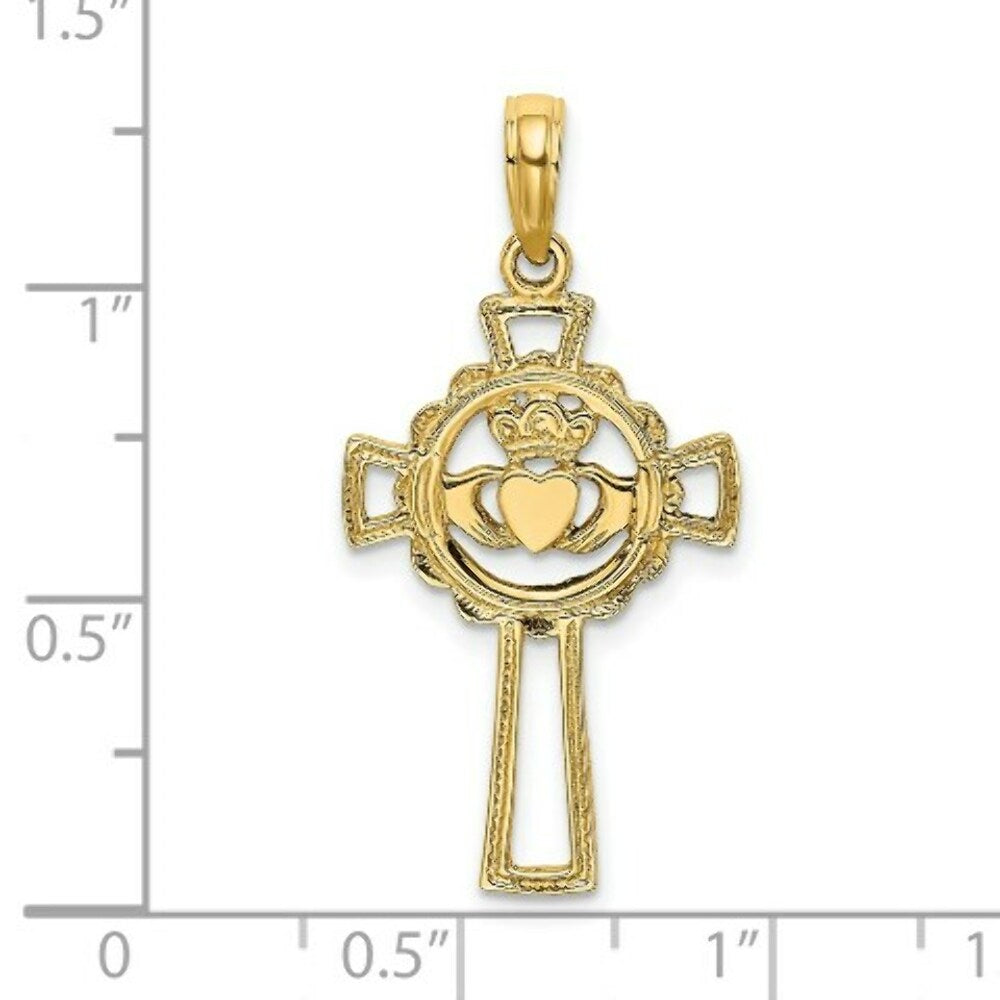 14K Yellow Gold Cross With CLADDAGH Charm Pendant