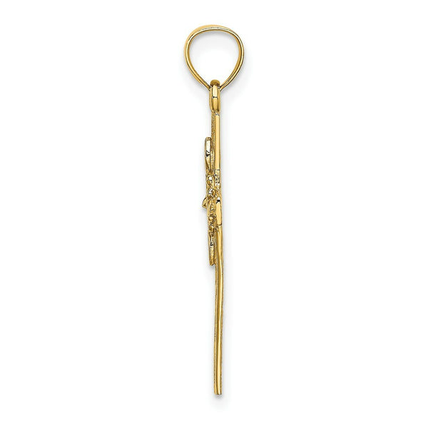 14K Yellow Gold Cross With Flower Charm Pendant
