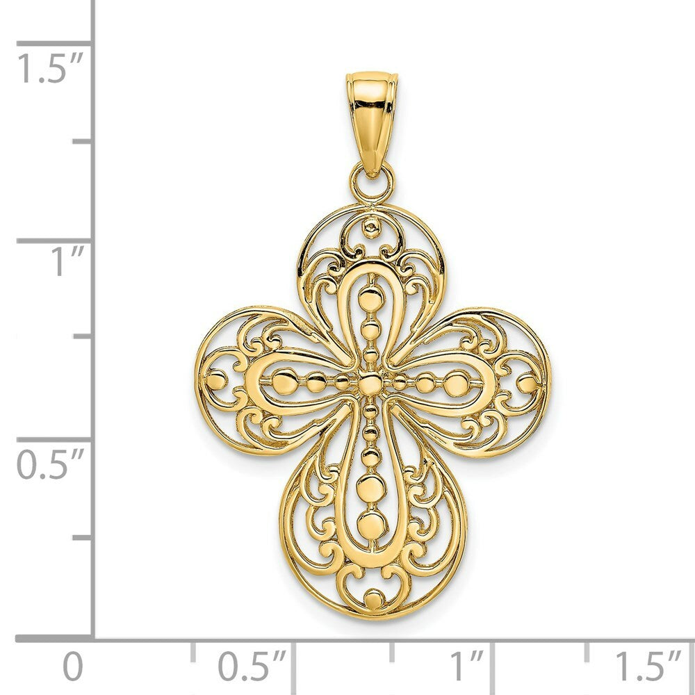 14K Yellow Gold Cut-Out With Rounded Tips Filigree Cross Charm Pendant