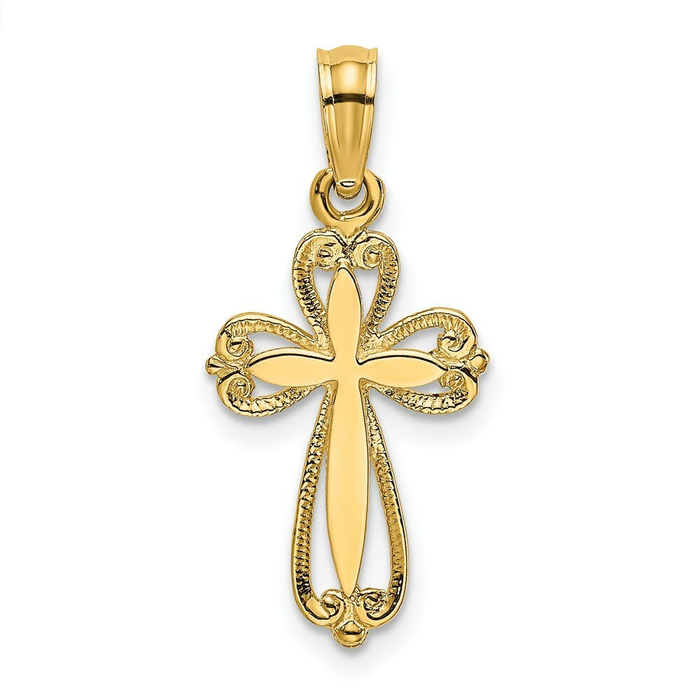 14K Yellow Gold Polished and Cut-Out Engraved Cross Charm Pendant