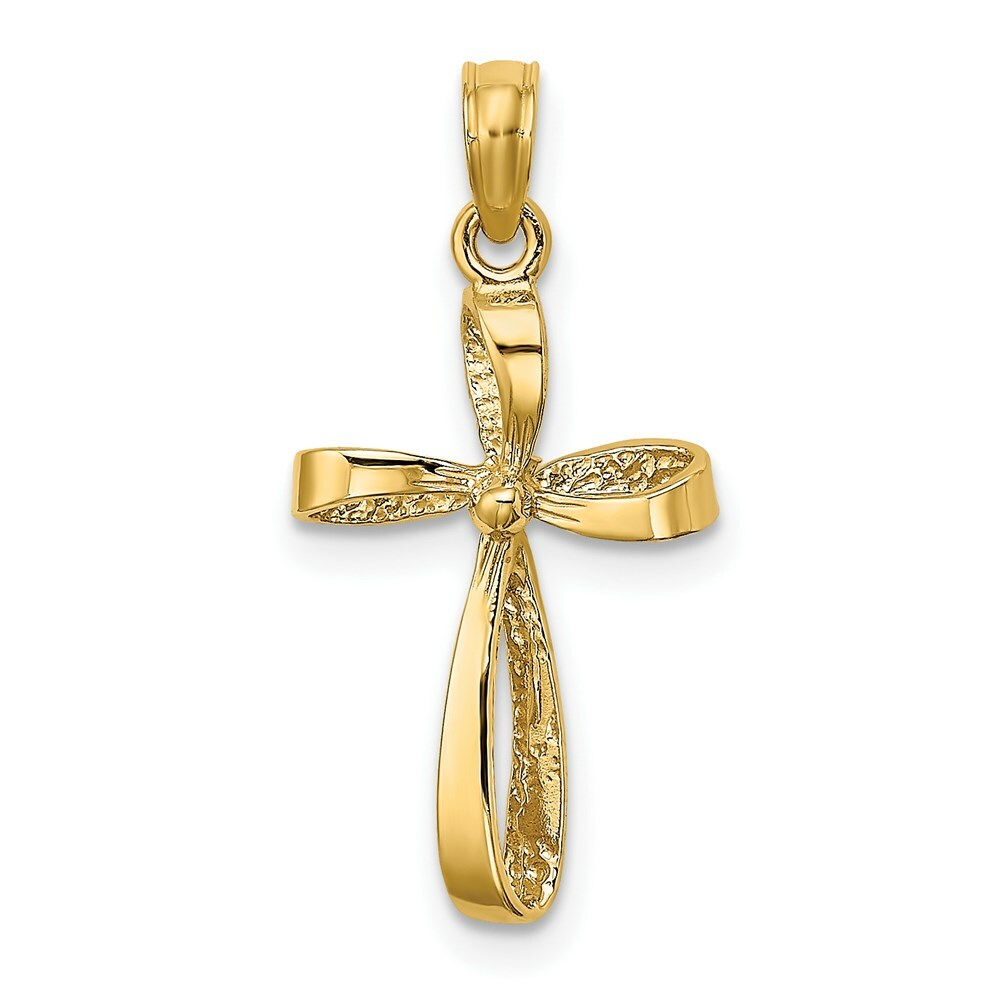 14K Yellow Gold 3-D Engraved & Polished Twisted Cross Charm Pendant