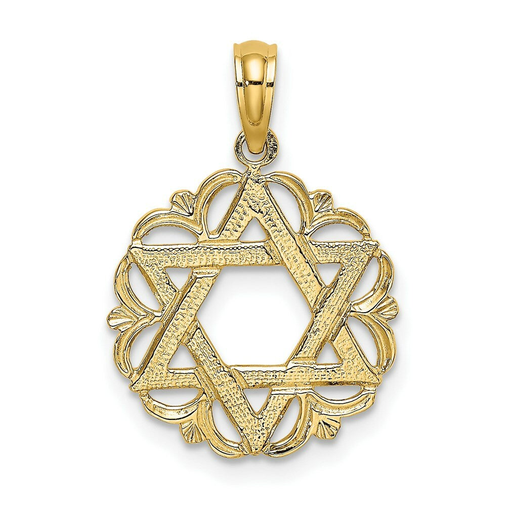 14K Yellow Gold Star Of David In Scalloped Circle Charm Pendant