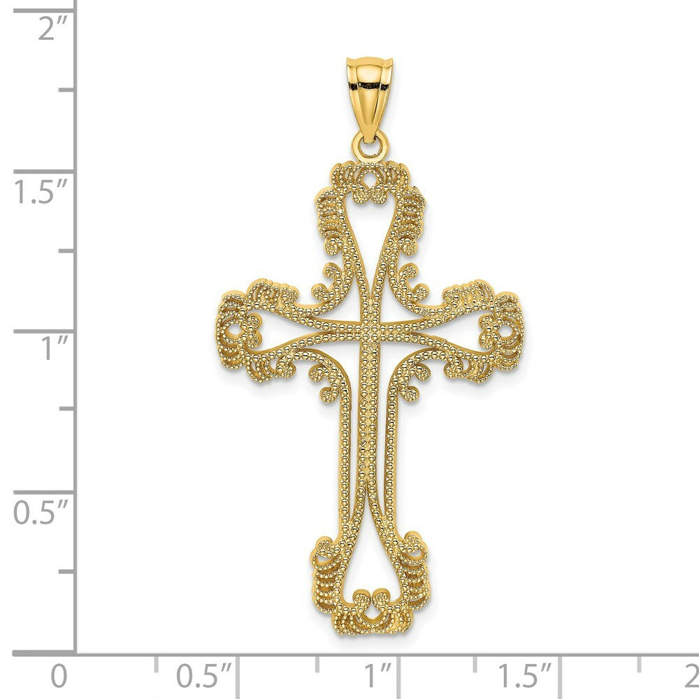 14K Yellow Gold Beaded Cut-Out Cross With Swirled Design Charm Pendant