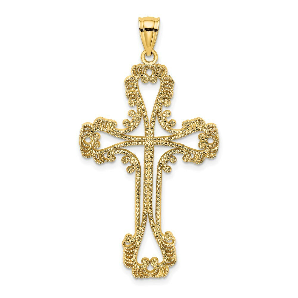 14K Yellow Gold Beaded Cut-Out Cross With Swirled Design Charm Pendant