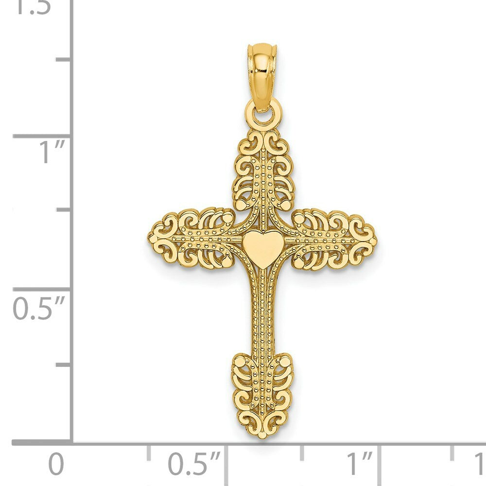 14K Yellow Gold Multi-Scalloped Tipped Cross With Heart Center Charm Pendant