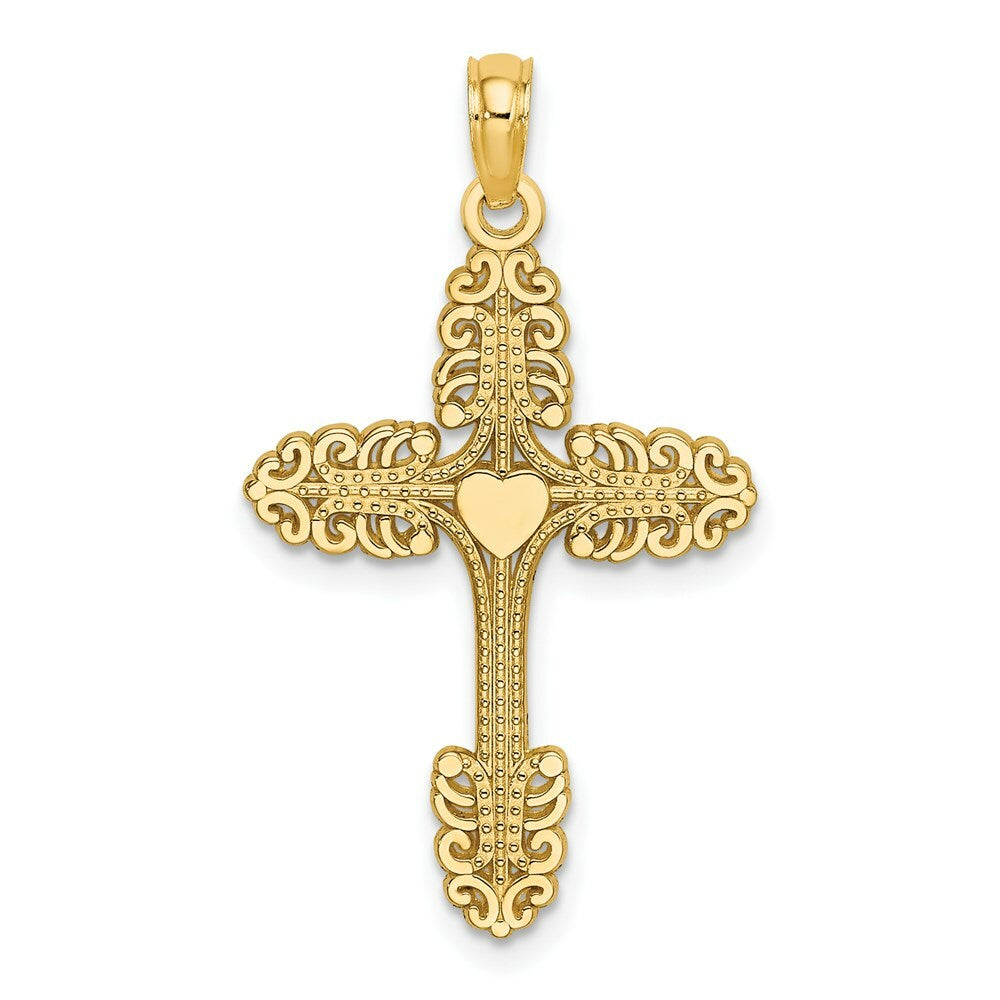 14K Yellow Gold Multi-Scalloped Tipped Cross With Heart Center Charm Pendant