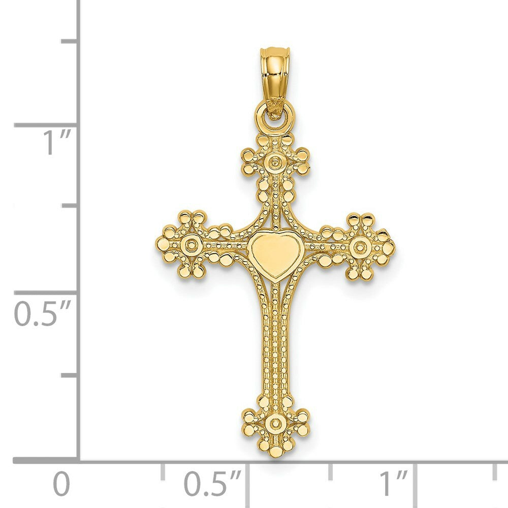 14K Yellow Gold Beaded Tip Cross With Heart Center Charm Pendant