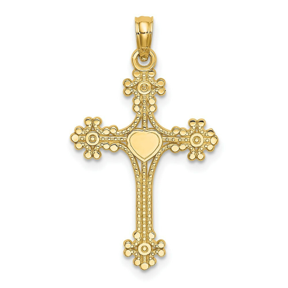 14K Yellow Gold Beaded Tip Cross With Heart Center Charm Pendant