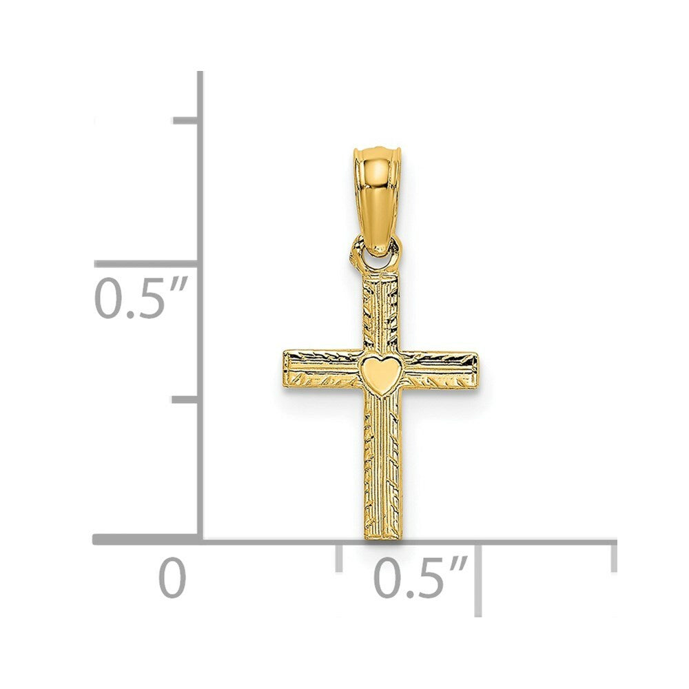 14K Yellow Gold Polished Mini Cross With Heart Charm Pendant