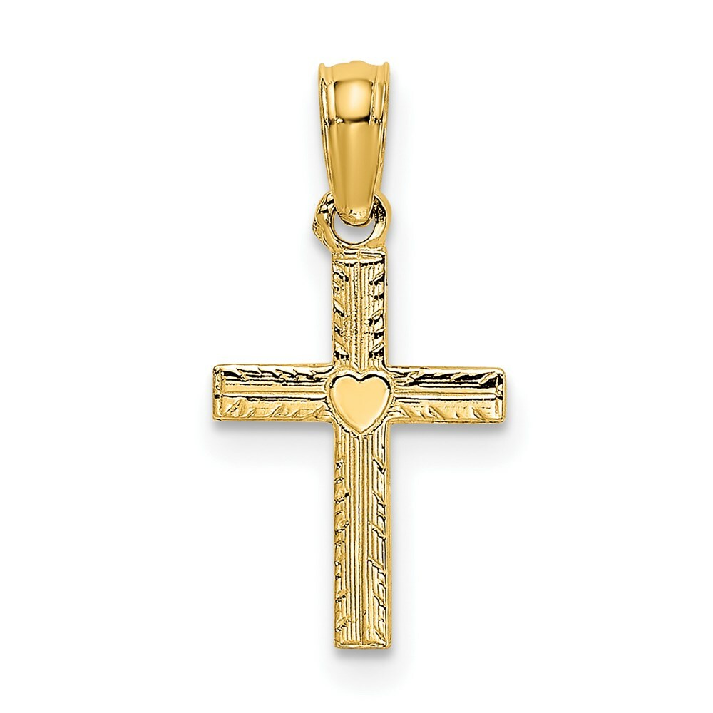 14K Yellow Gold Polished Mini Cross With Heart Charm Pendant