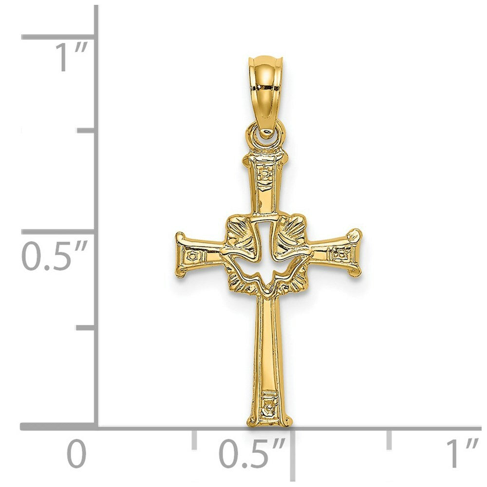 14K Yellow Gold Polished and Engraved Cross & Dove Charm Pendant