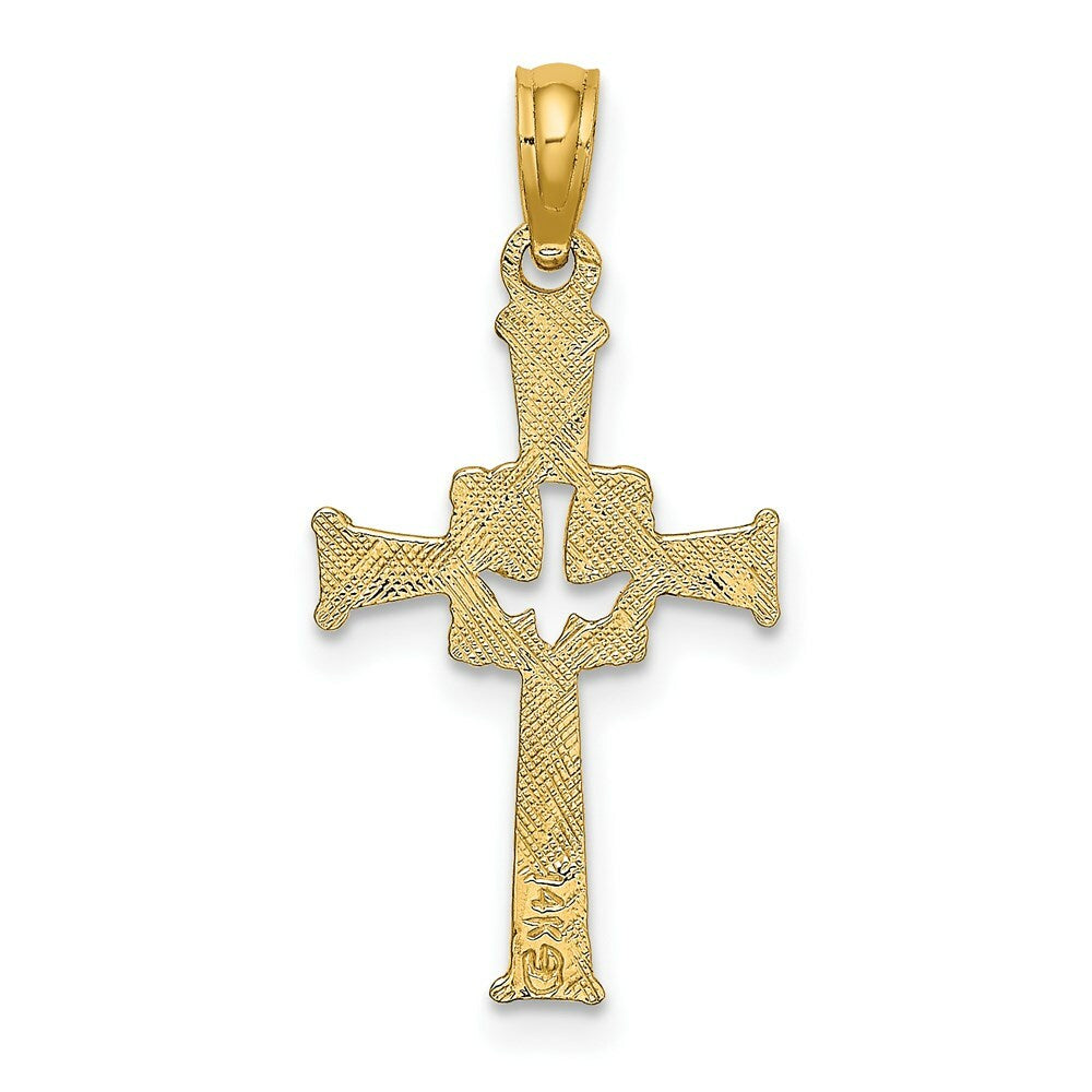 14K Yellow Gold Polished and Engraved Cross & Dove Charm Pendant