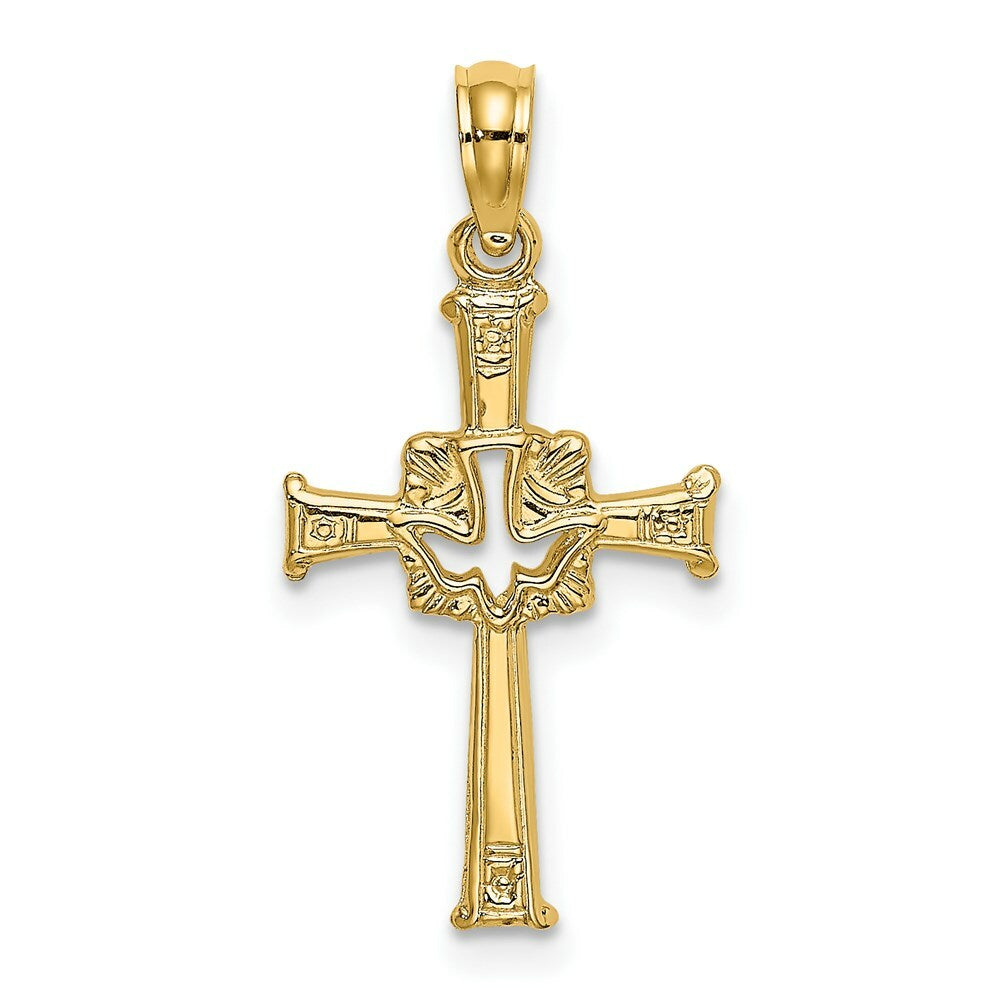 14K Yellow Gold Polished and Engraved Cross & Dove Charm Pendant