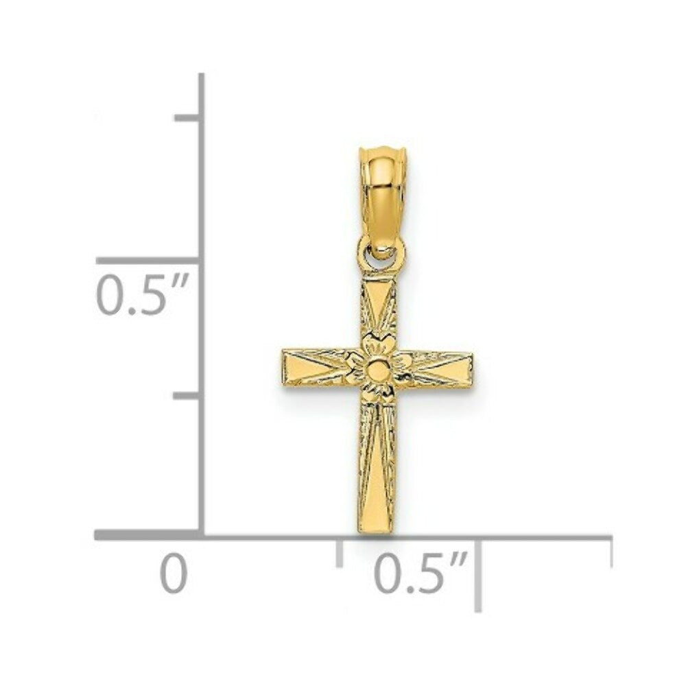 14K Yellow Gold Polished and Engraved Mini Cross With Flower Charm Pendant