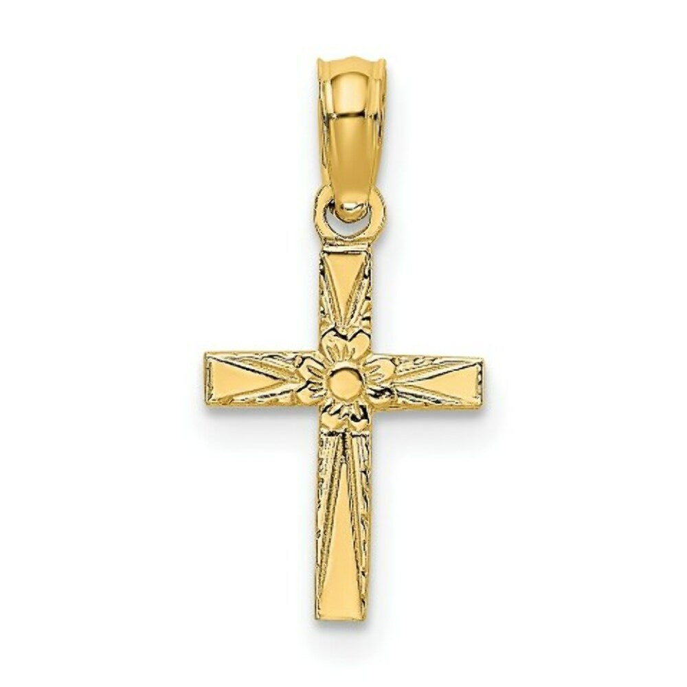 14K Yellow Gold Polished and Engraved Mini Cross With Flower Charm Pendant