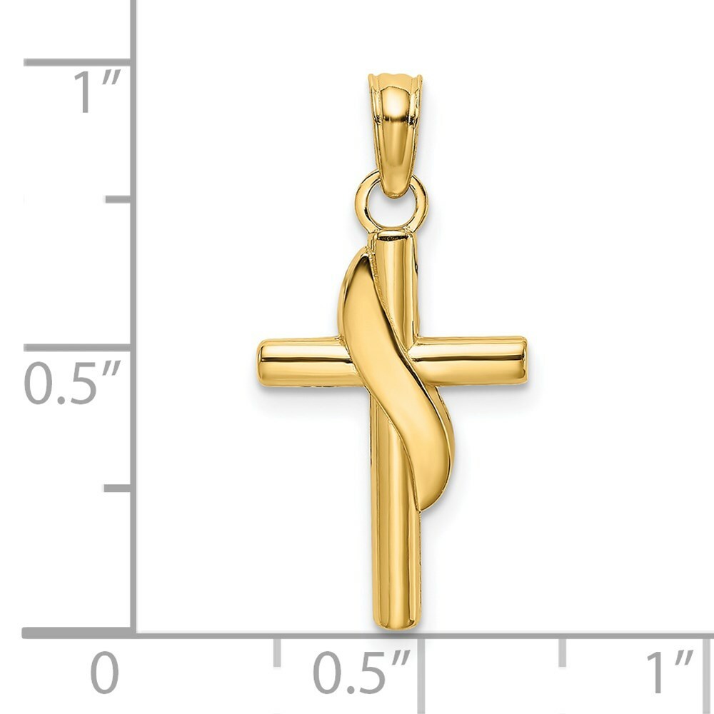 14K Yellow Gold Polsihed With Banner Cross Charm Pendant