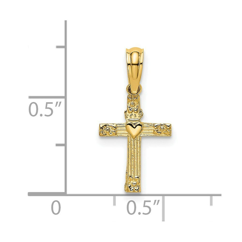 14K Yellow Gold Textured Mini Cross With Heart Charm Pendant
