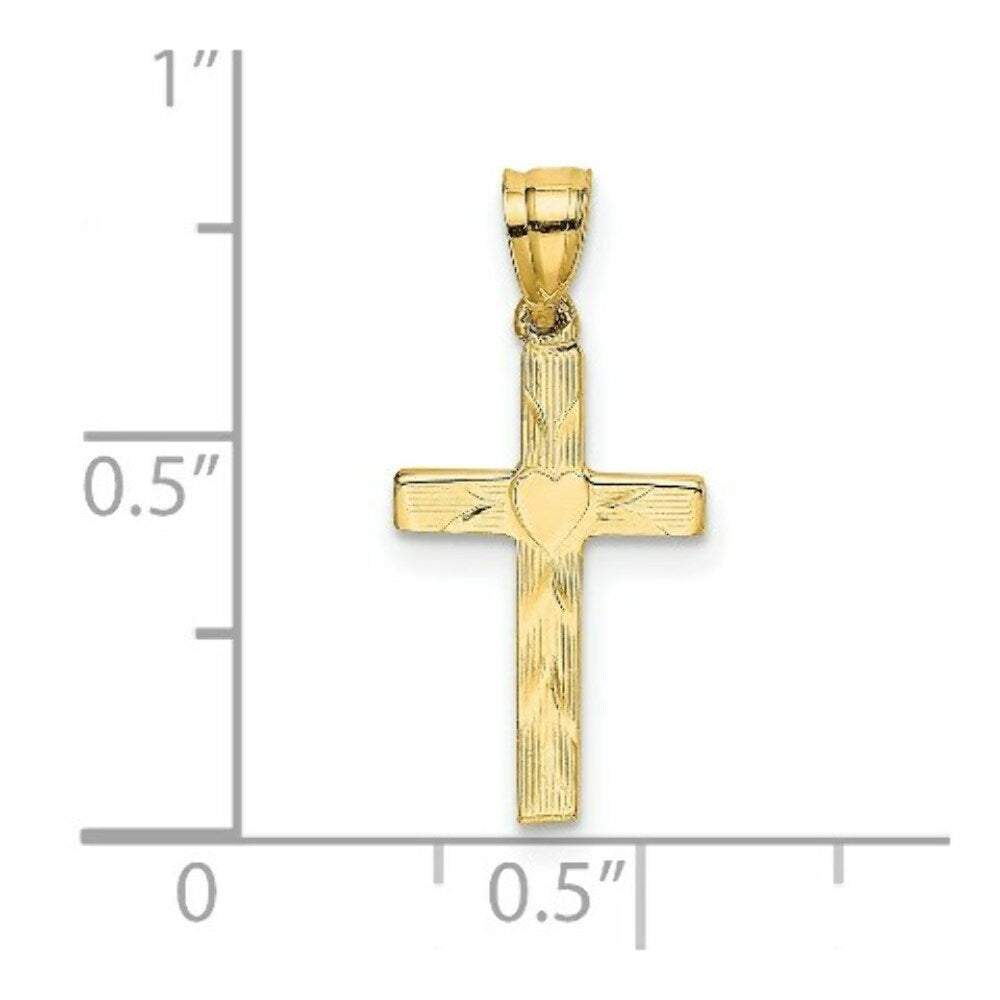 14K Yellow Gold Polished and Engraved Cross With Heart Center Charm Pendant