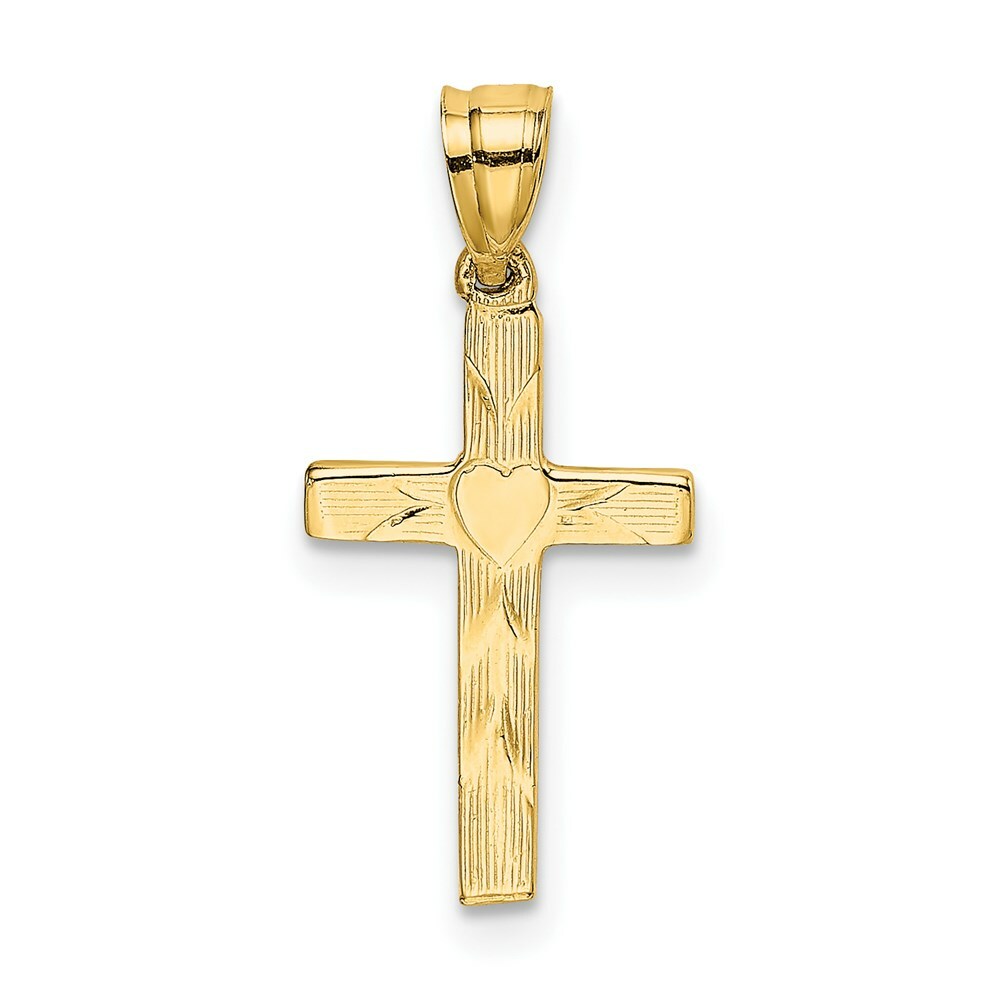 14K Yellow Gold Polished and Engraved Cross With Heart Center Charm Pendant