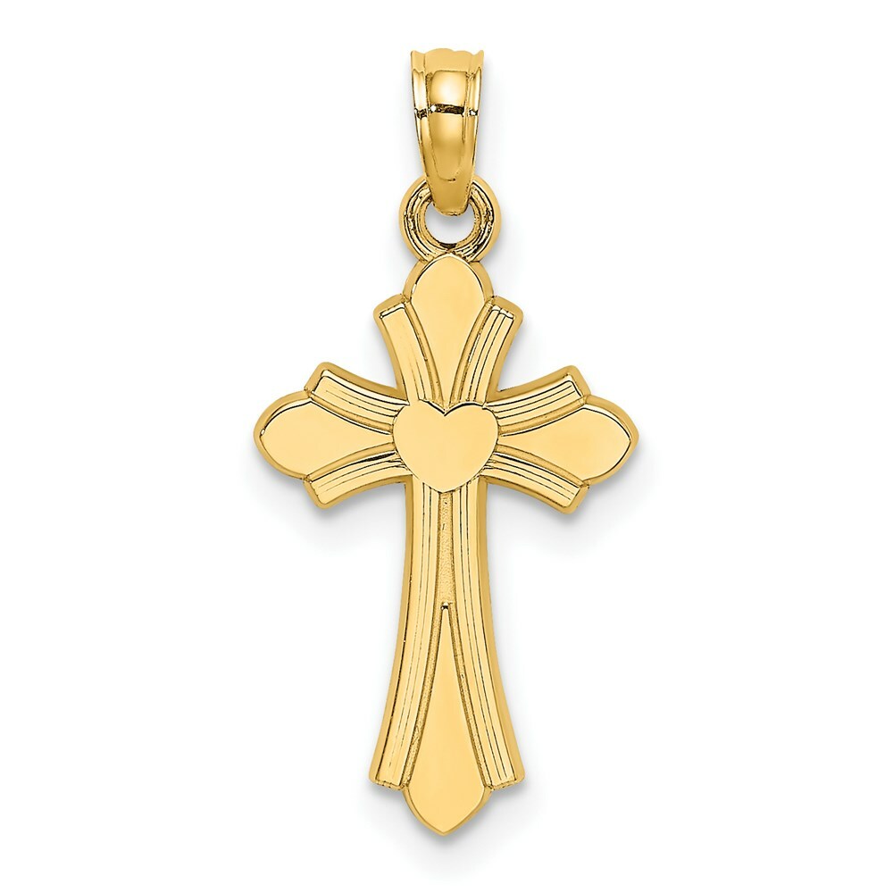 14K Yellow Gold Polished Cross With Heart Charm Pendant