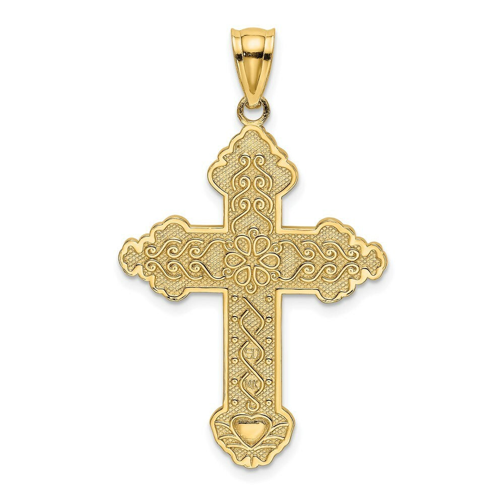 14K Yellow Gold FLOWER CENTERED SCROLL Cross Charm Pendant