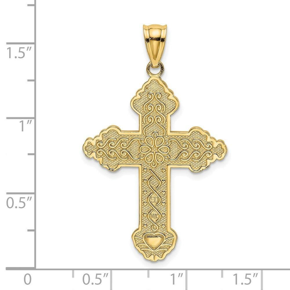 14K Yellow Gold FLOWER CENTERED SCROLL Cross Charm Pendant