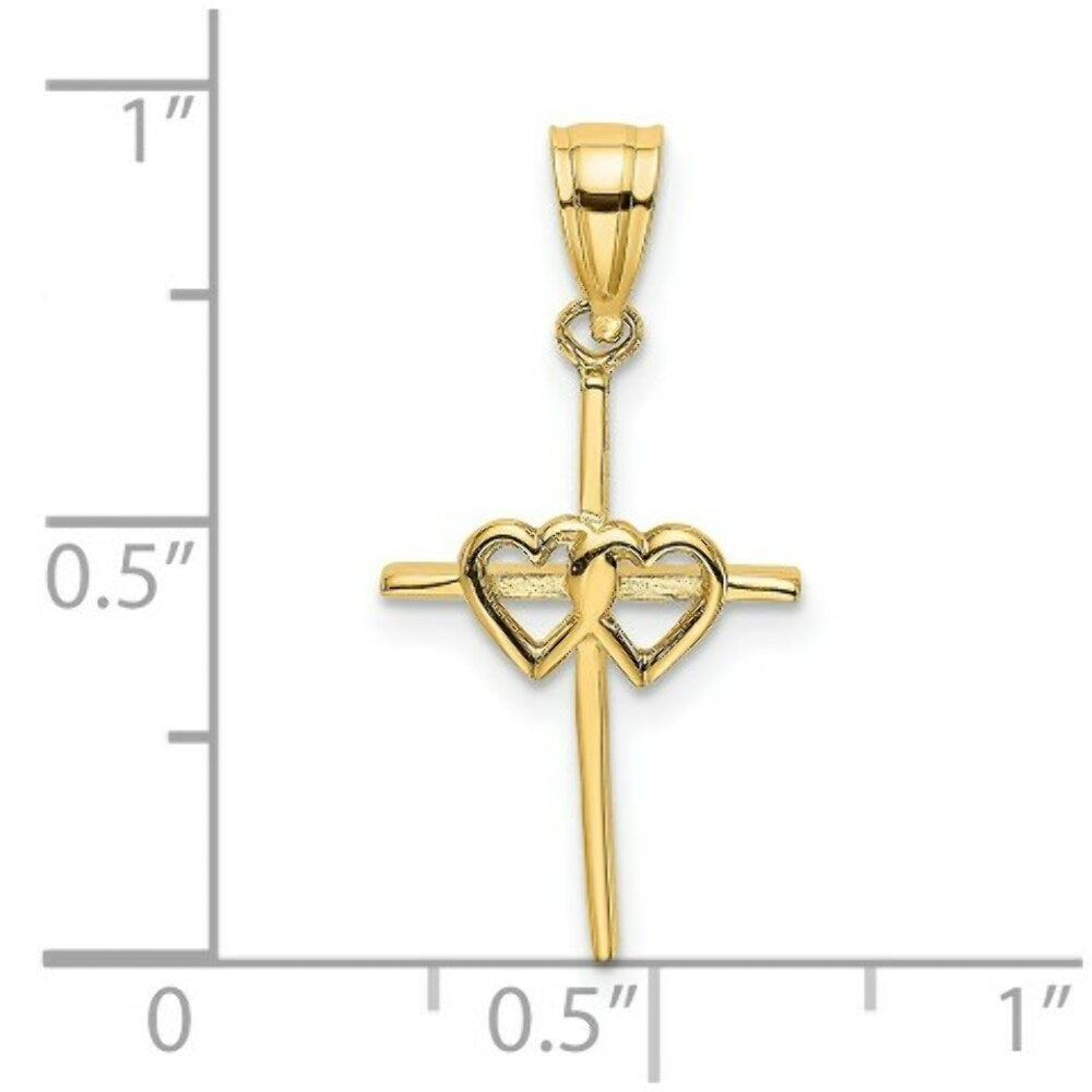 14K Yellow Gold Polished DOUBLE HEARTS ON Stick Cross Charm Pendant