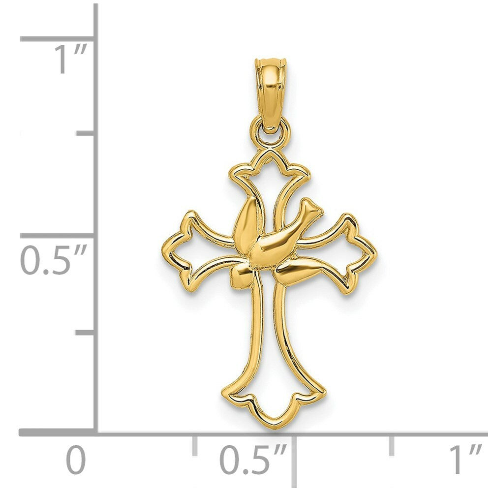 14K Yellow Gold Cut-Out Dove Center Cross Charm Pendant