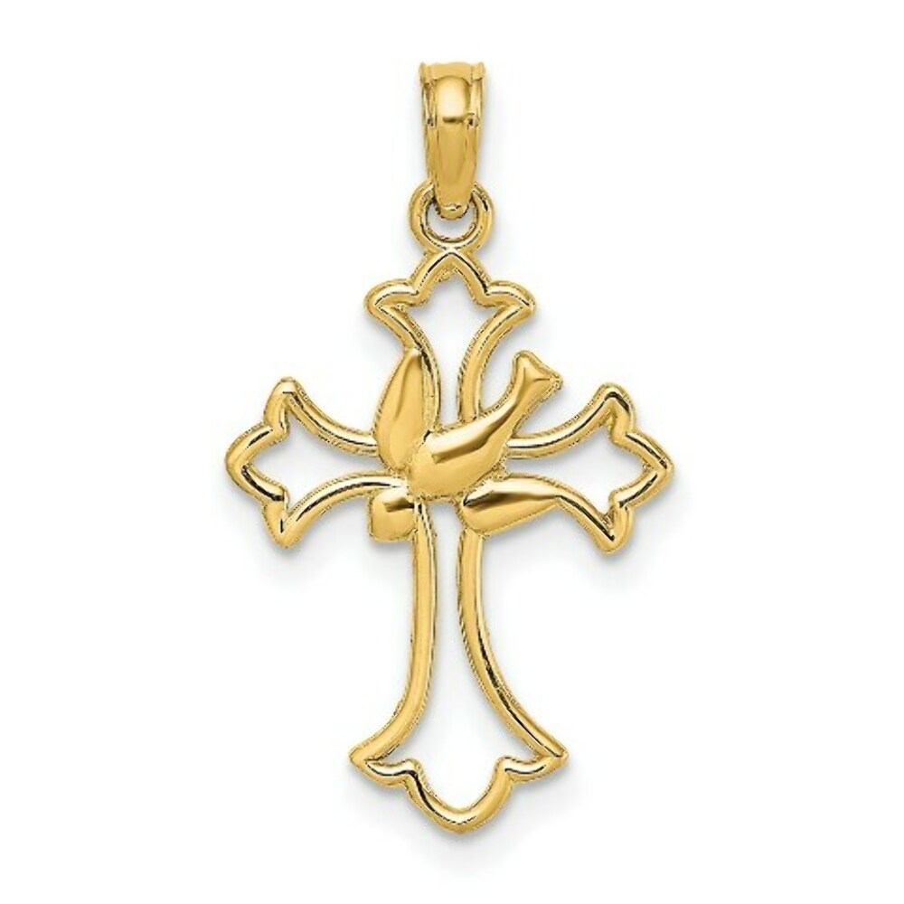14K Yellow Gold Cut-Out Dove Center Cross Charm Pendant