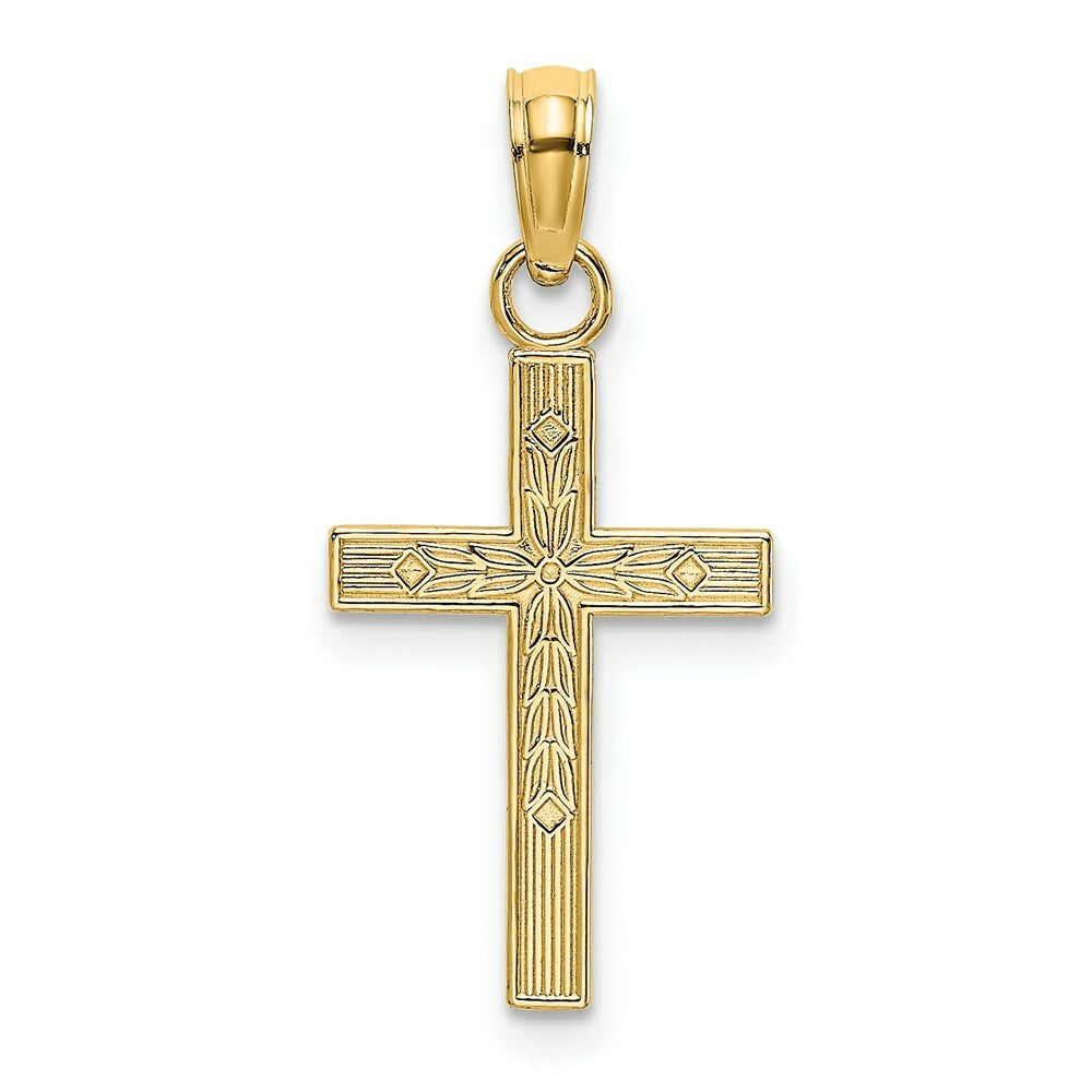 14K Yellow Gold Textured Center Block Cross Charm Pendant