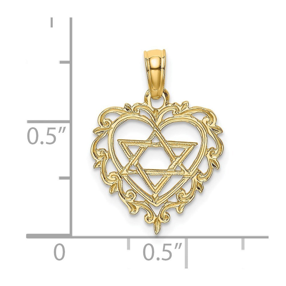 14K Yellow Gold Textured Star of David In Heart Charm Pendant
