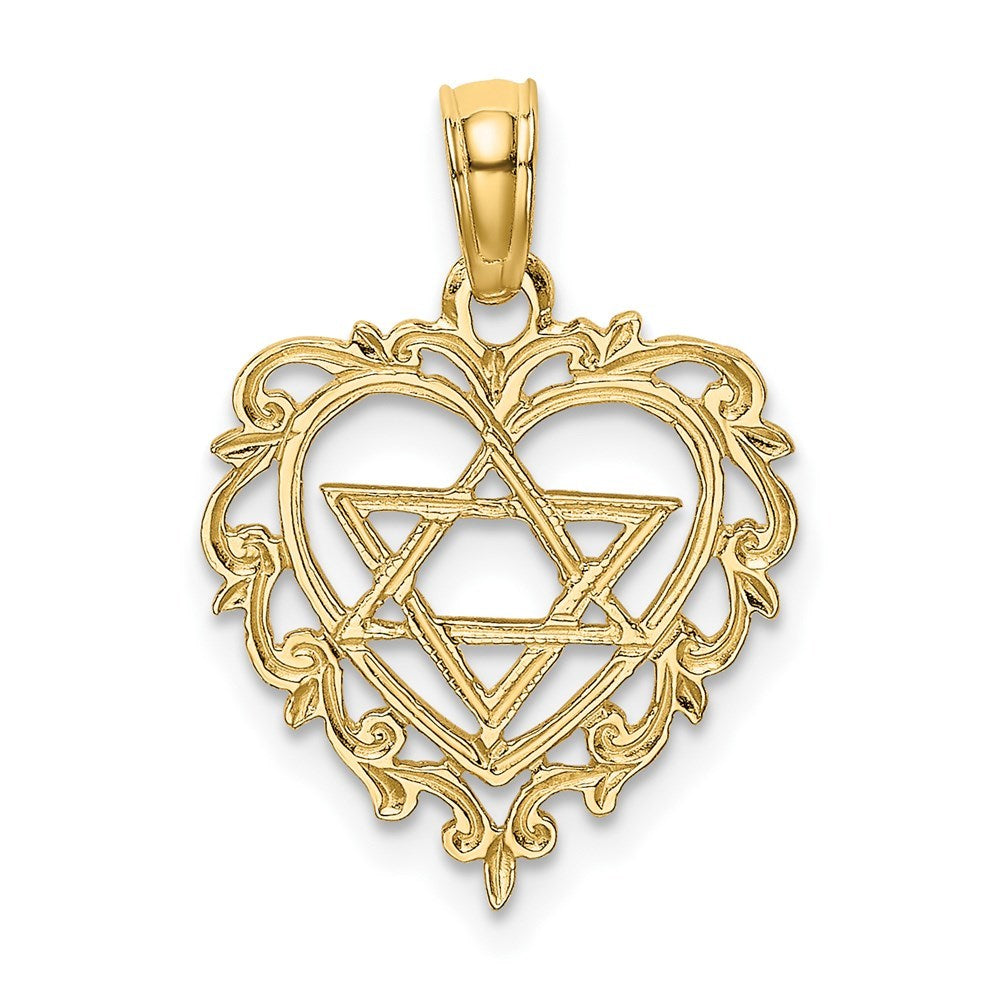 14K Yellow Gold Textured Star of David In Heart Charm Pendant