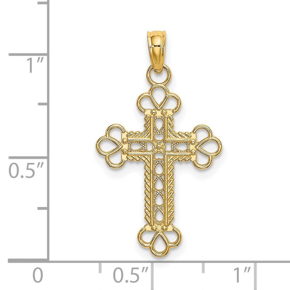 14K Yellow Gold Textured & Cut-Out With Rope Frame Block Cross Charm Pendant