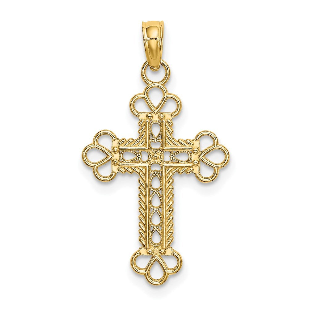 14K Yellow Gold Textured & Cut-Out With Rope Frame Block Cross Charm Pendant