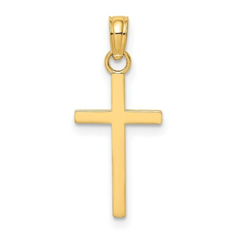 14K Yellow Gold 2-D & Polished Block Style Stick Cross Charm Pendant