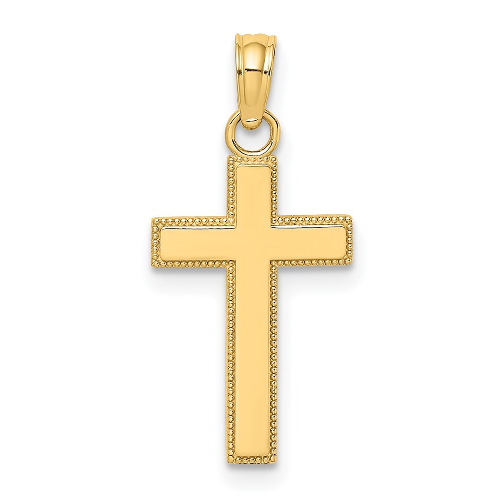 14K Yellow Gold Polished and Block Style Beaded Edge Cross Charm Pendant