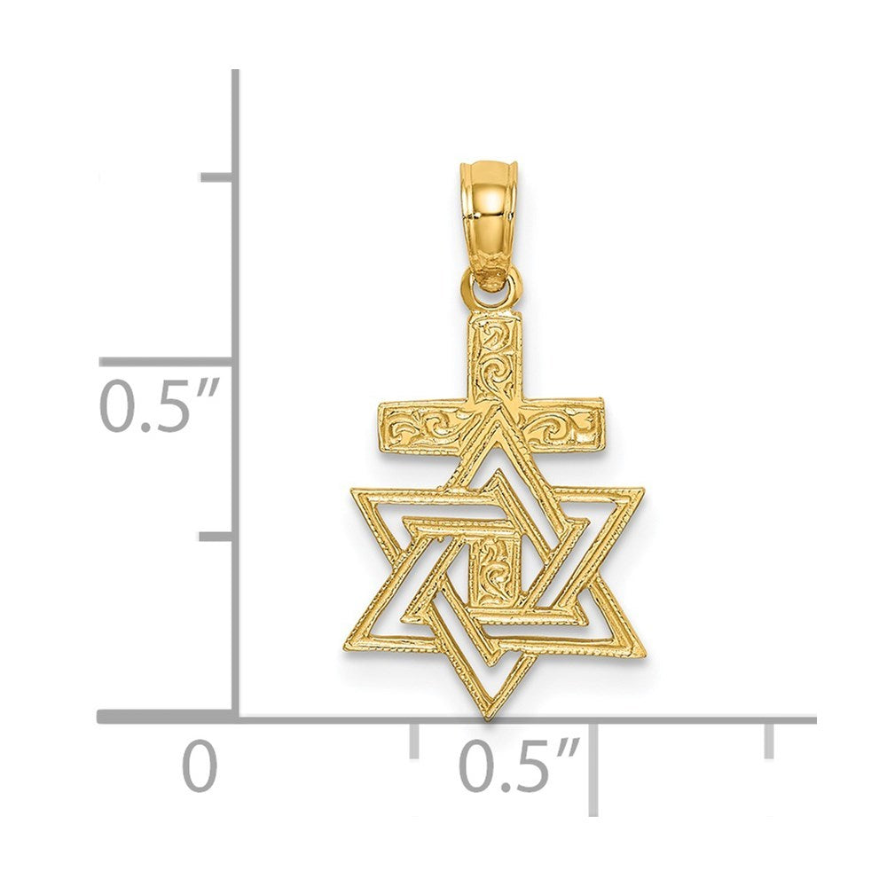 14K Yellow Gold Polished and Engraved Star Of David & Cross Charm Pendant