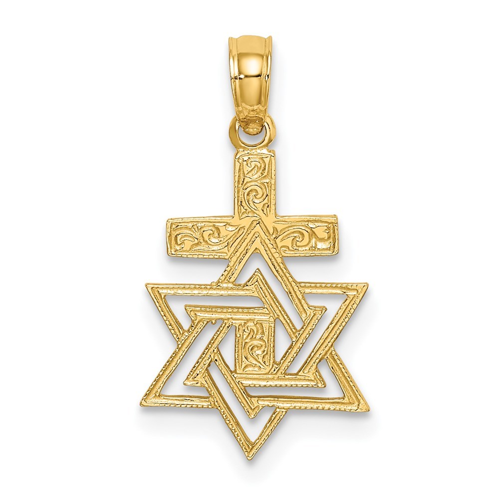 14K Yellow Gold Polished and Engraved Star Of David & Cross Charm Pendant