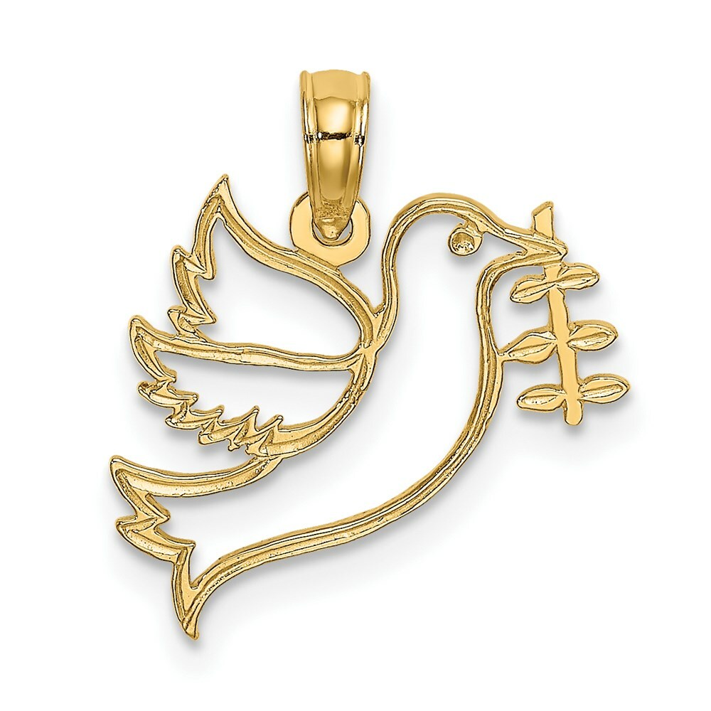 14K Yellow Gold Cut-Out Dove Holding Olive Branch Charm Pendant