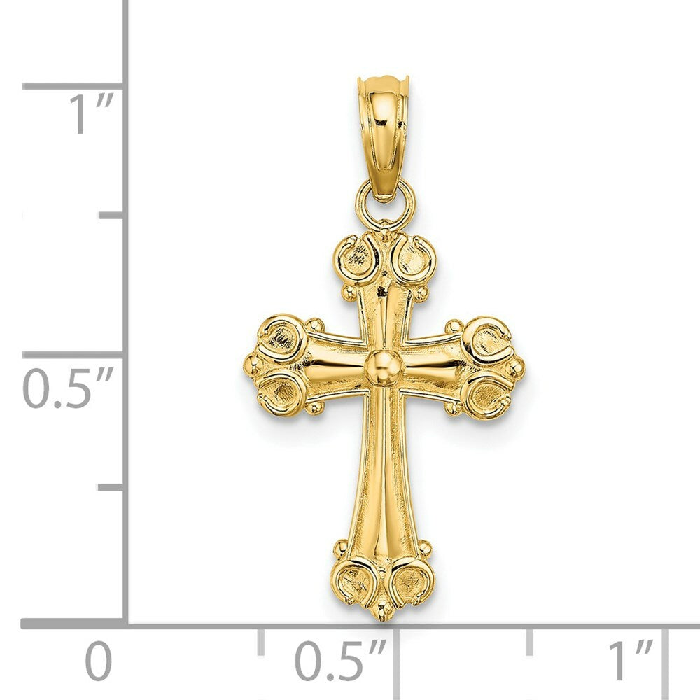 14K Yellow Gold Cross With Scroll Tips & Button Center Charm Pendant