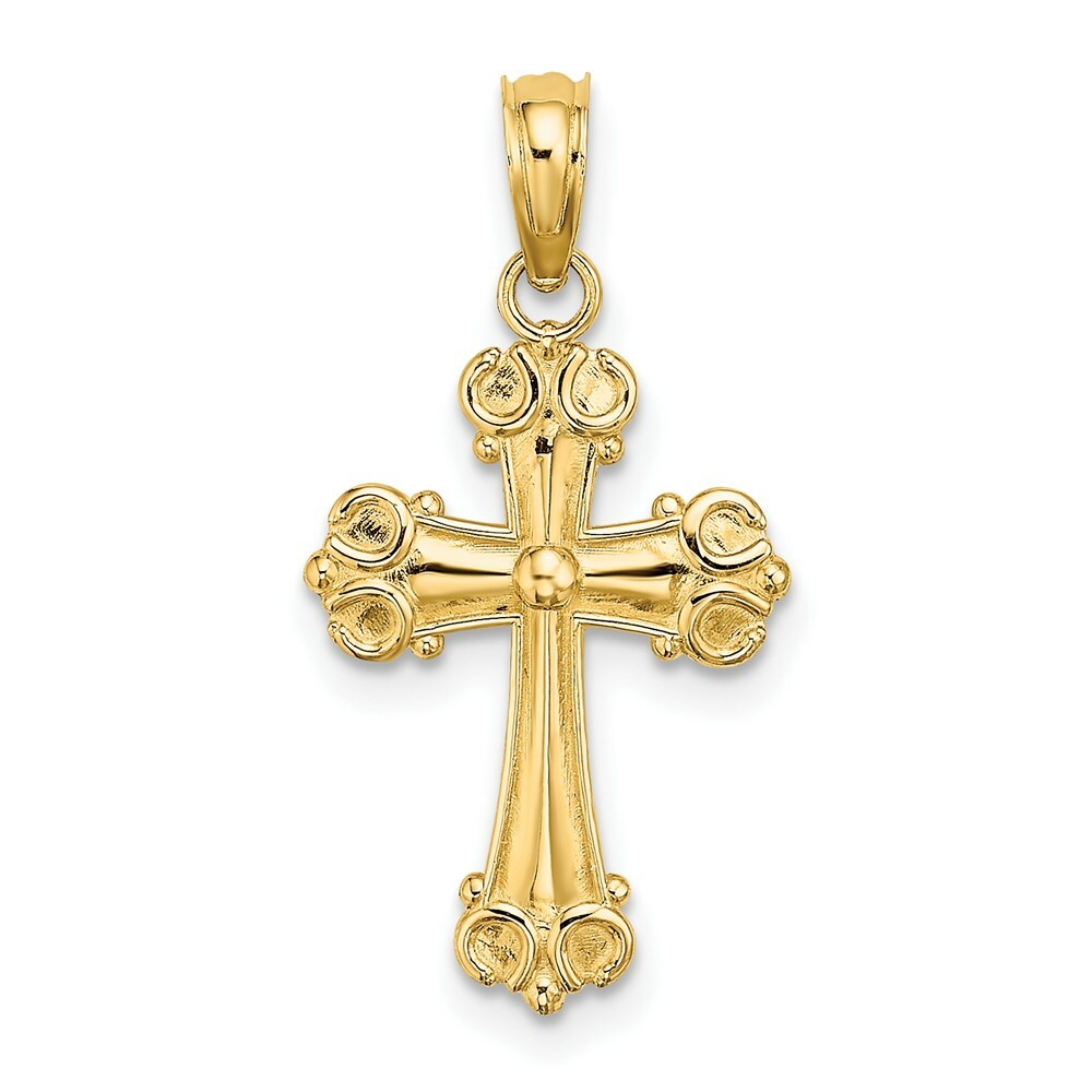 14K Yellow Gold Cross With Scroll Tips & Button Center Charm Pendant
