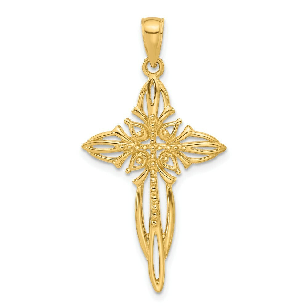 14K Yellow Gold Polished and Cut-Out Beaded Cross