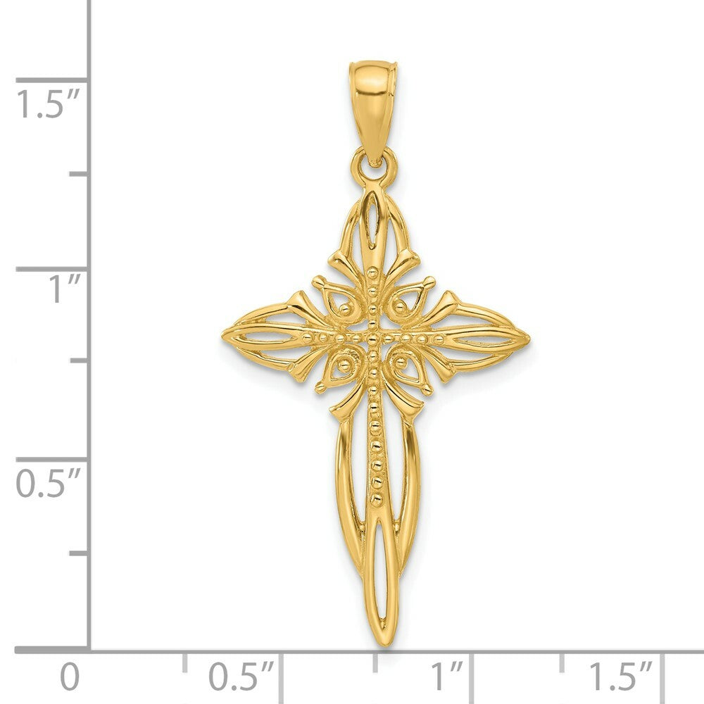 14K Yellow Gold Polished and Cut-Out Beaded Cross