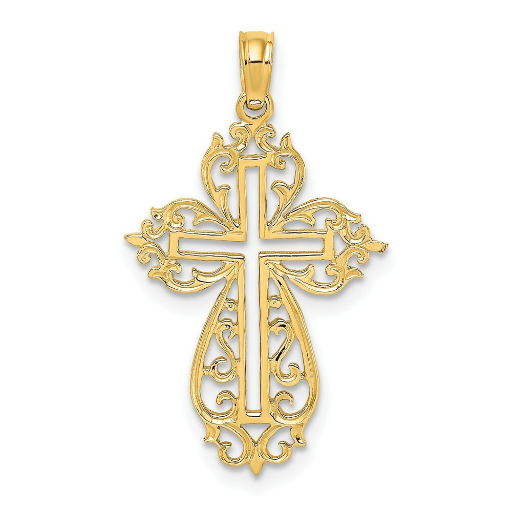 14K Yellow Gold Cut-Out Scroll Framed Cross Charm Pendant