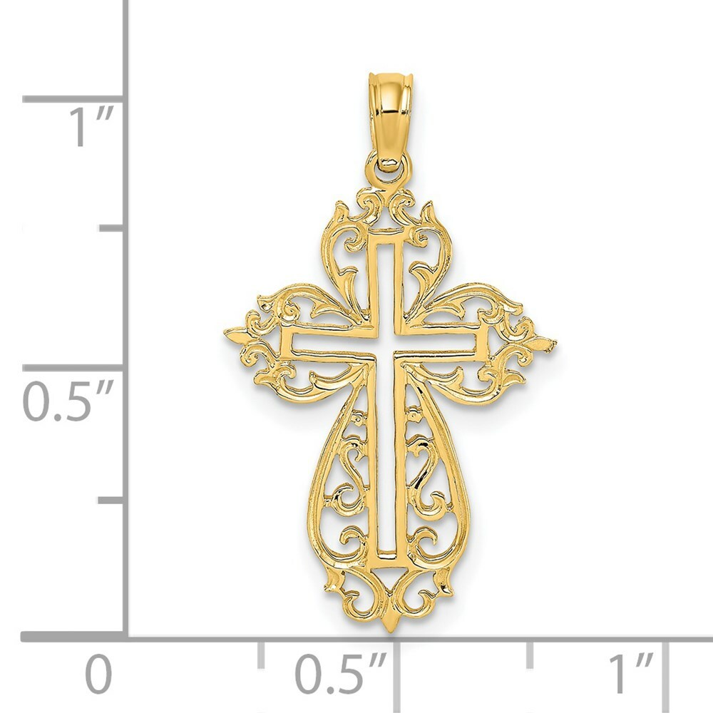 14K Yellow Gold Cut-Out Scroll Framed Cross Charm Pendant
