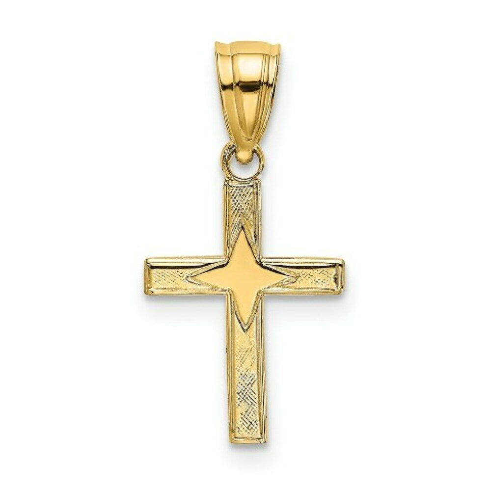 14K Yellow Gold Polished With Star Pattern Mini Cross Charm Pendant